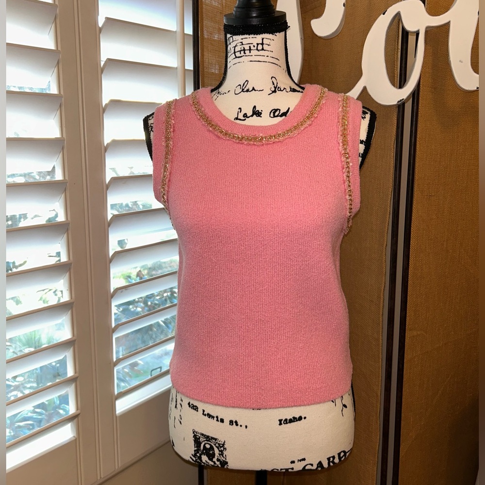 Pink top with gold chain trimming